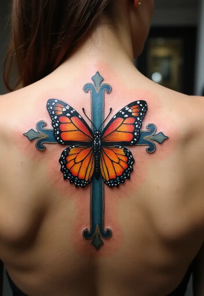 30 Tattoo Cross 3D Designs That Look Realistic - 26. Cross with a Butterfly