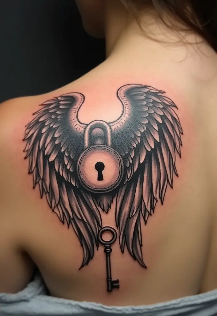 30 Shoulder Wing Tattoo Ideas with Angelic Inspiration - 26. Wings with a Lock and Key