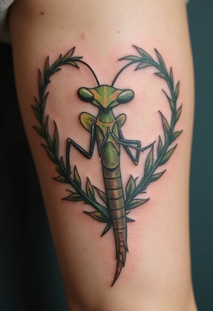 30 Traditional Praying Mantis Tattoo Ideas You’ll Love - 26. Mantis with Heart