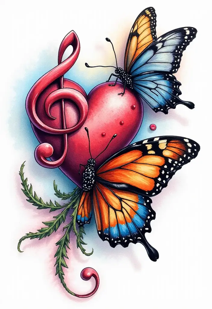 30 Treble Clef and Bass Clef Heart Tattoo Ideas for Music Lovers - 27. Clef Heart with a Butterfly