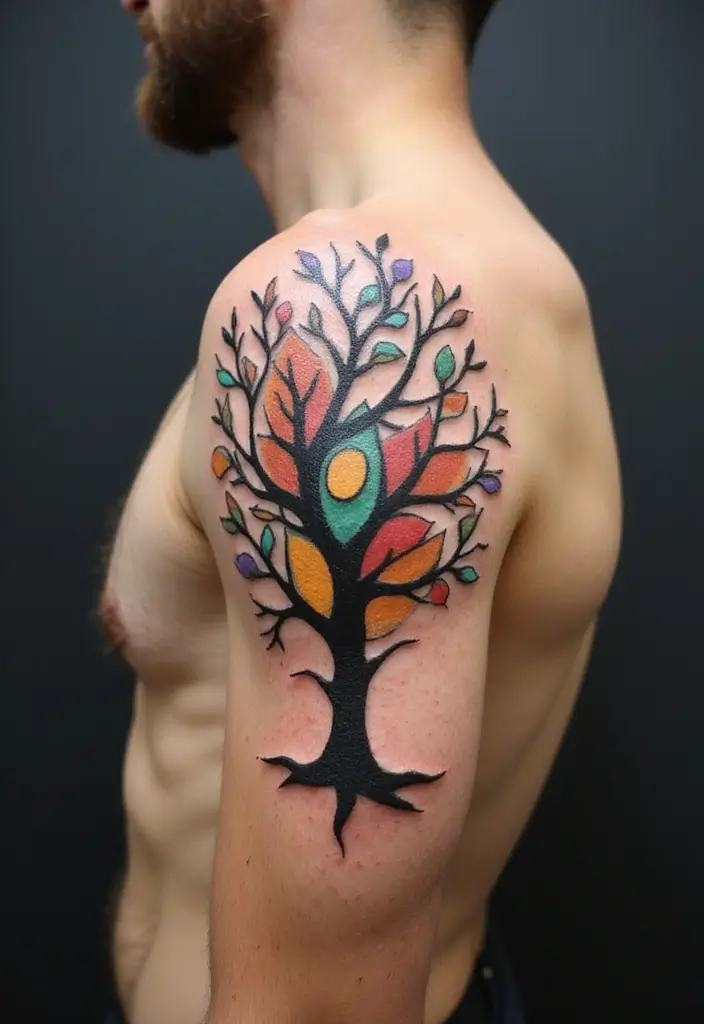 30 Tree on Shoulder Tattoo Ideas That Look Stunning - 26. Abstract Tree Design