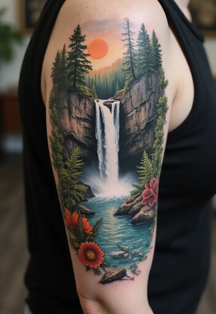 30 Waterfall Tattoos That Flow with Beauty - 26. Waterfall Journey