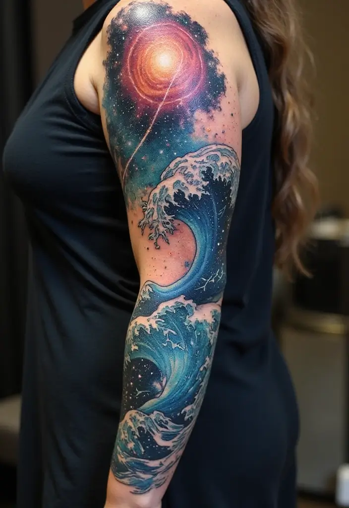 30 Wave Tattoo Sleeve Ideas That Make a Bold Statement - 26. Cosmic Wave Connections