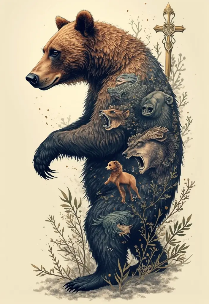 30 Bear Shoulder Tattoo Inspirations with Power and Strength - 27. Bear with Animal Totem Elements
