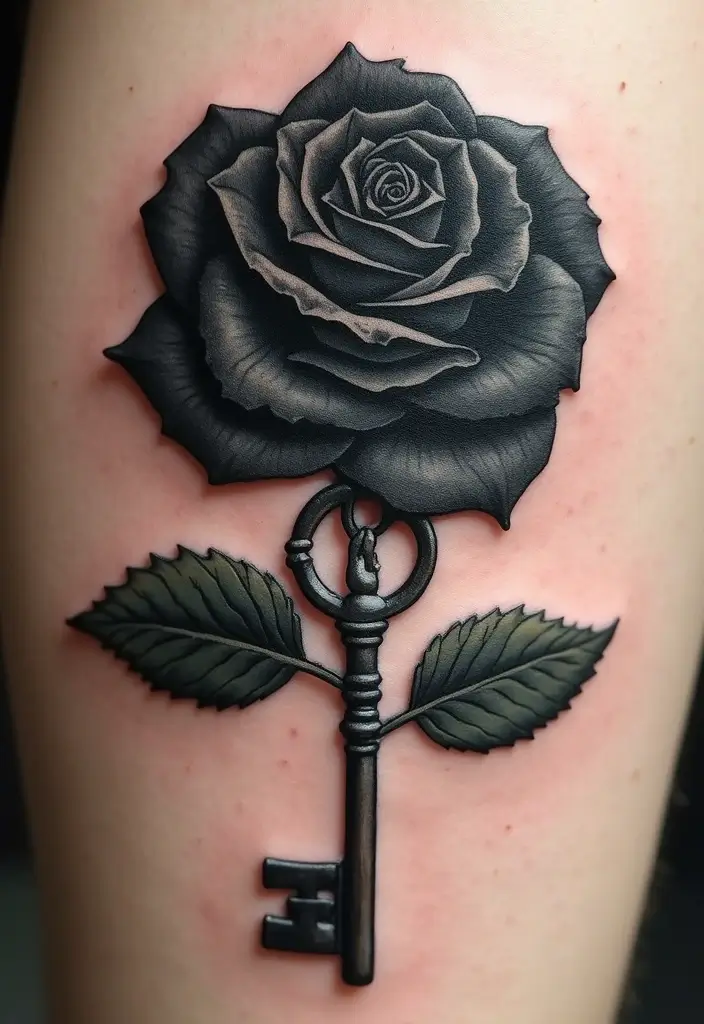30 Black Rose Tattoo Meaning and Design Inspirations - 27. Black Rose with a Key