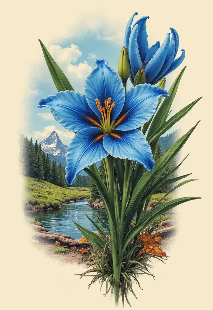 30 Blue Lily Tattoo Designs That Look Elegant - 27. Blue Lily with Landscape Background