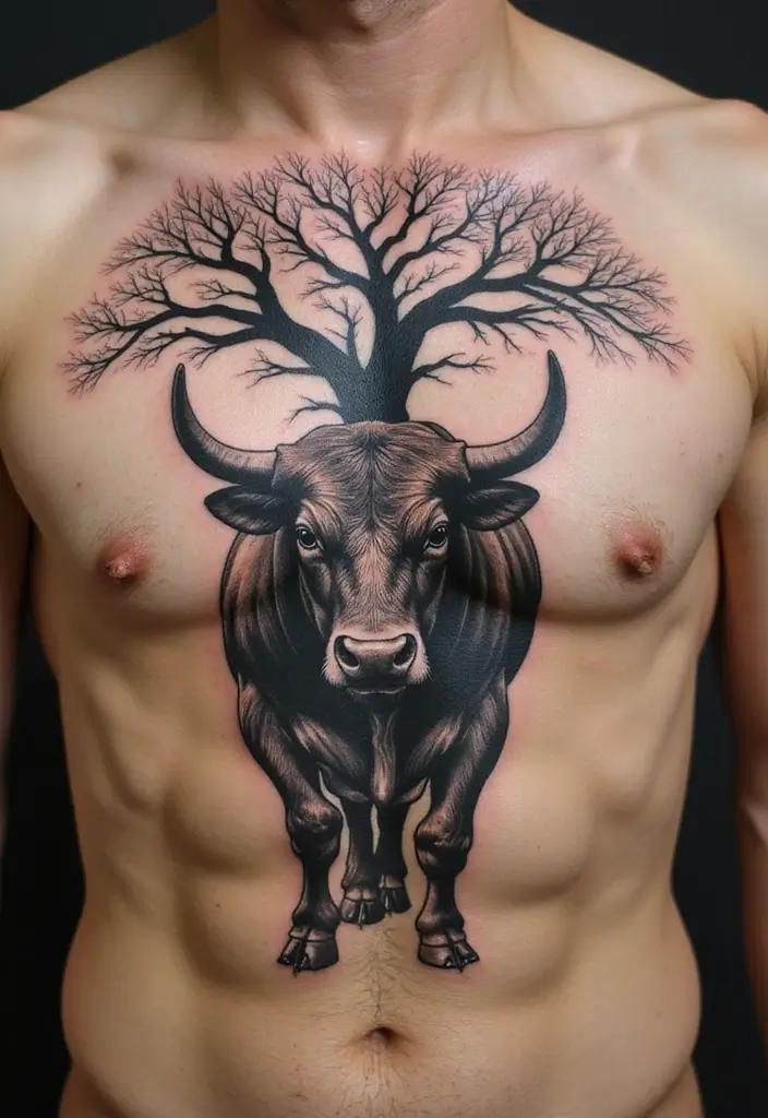 30 Bull Tattoo Chest Ideas Full of Strength - 27. Bull with a Tree