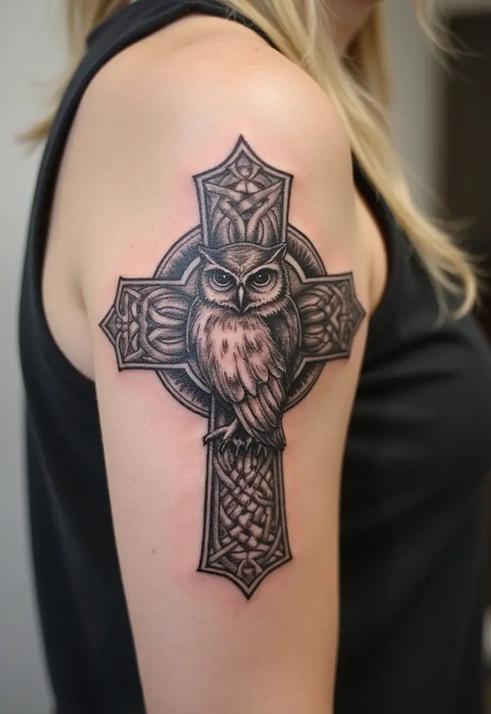 30 Celtic Cross Tattoos with Deep Spiritual Significance - 27. Celtic Cross with an Owl