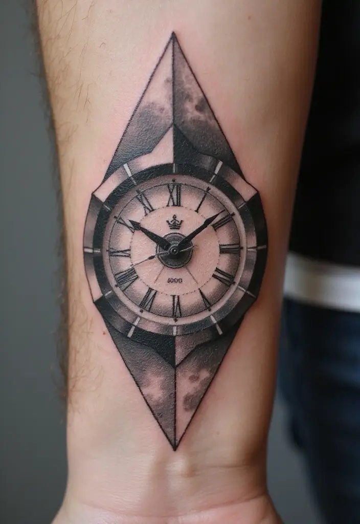 30 Clock Tattoo on Hand Ideas That Stand the Test of Time - 27. Clock with a Polyhedral Design