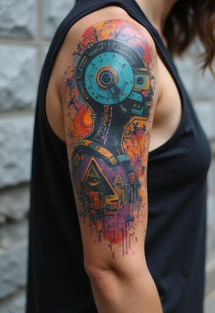 30 Colorful Arm Tattoos That Pop with Style - 27. Futuristic Visions