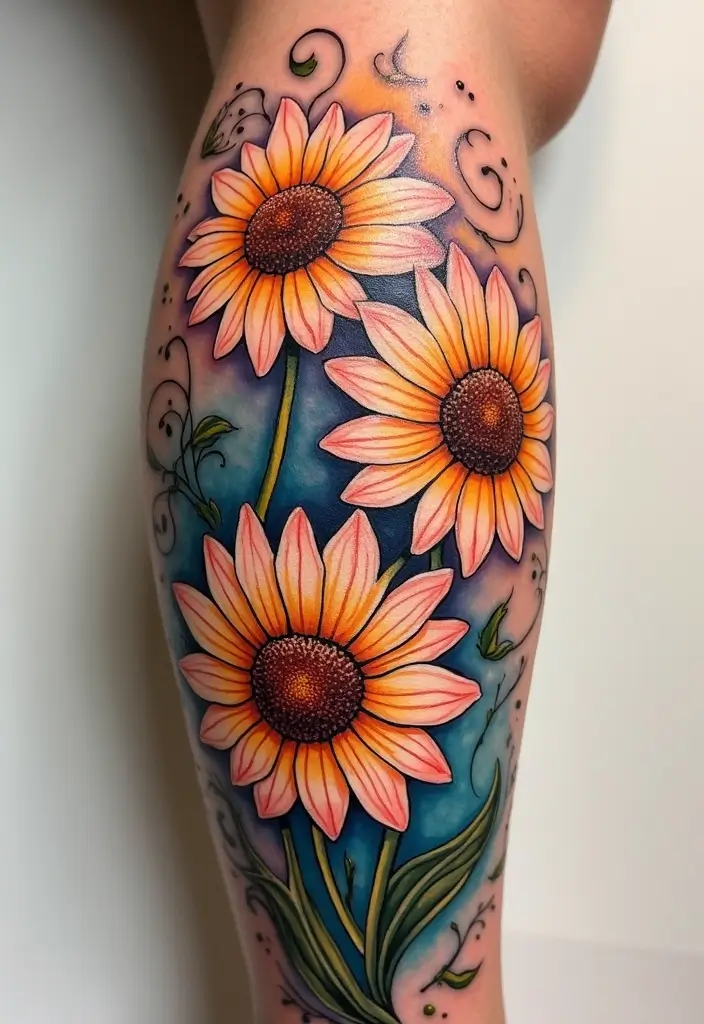 30 Colorful Daisy Tattoo Inspirations Full of Joy - 27. Daisies with Spiral Designs