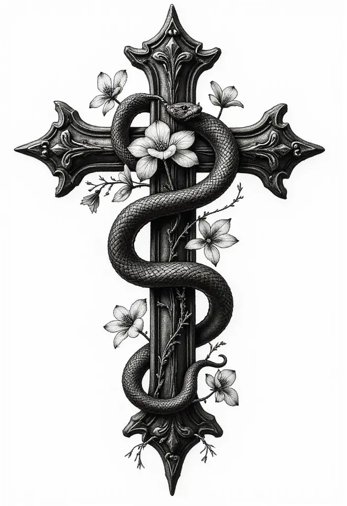30 Cross with Flowers Tattoo Ideas That Blend Faith and Beauty - 27. Cross with Snake and Flowers