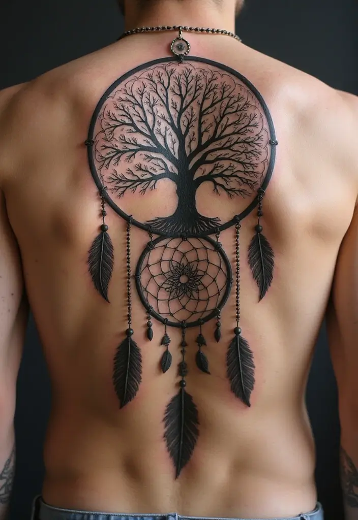 30 Dream Catcher Tattoo Ideas for Men with Protective Energy - 27. Dream Catcher and Tree of Life