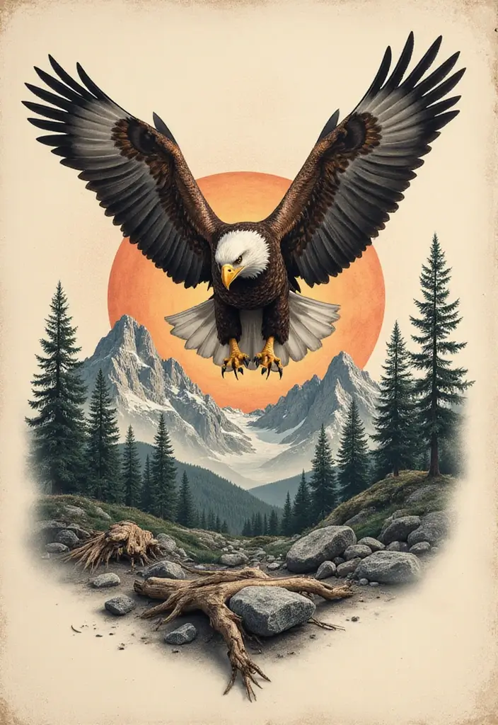 30 Eagle Tattoo Ideas That Represent Power and Courage - 27. Eagle and Mountain Landscape