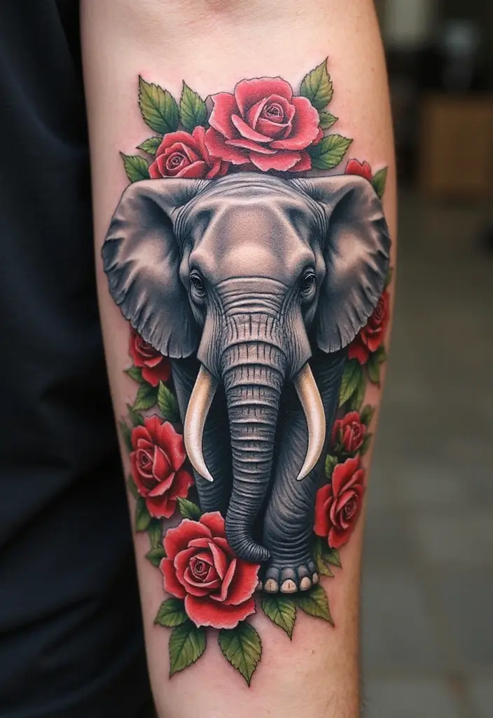 30 Elephant Tattoo Designs That Represent Strength and Wisdom - 27. Elephant with Roses