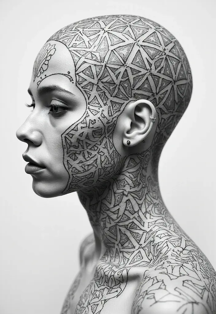 30 Geometric Head Tattoo Ideas for Bold Expression - 27. Infinite Geometric Patterns