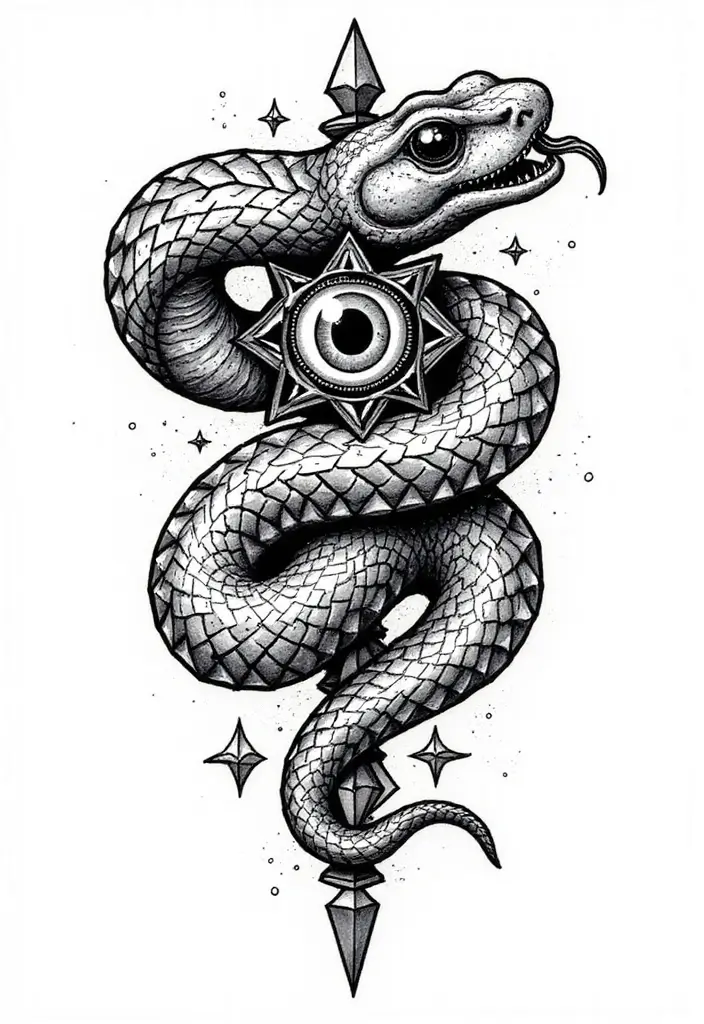 30 Geometric Snake Tattoo Ideas with Unique Patterns - 27. Snake and Eye Design