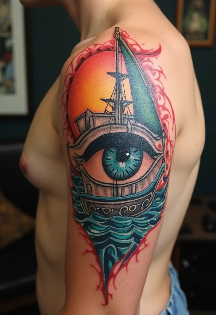 30 Greek Eye Tattoo Meaning and Stunning Design Ideas - 27. Greek Eye with Sailboat