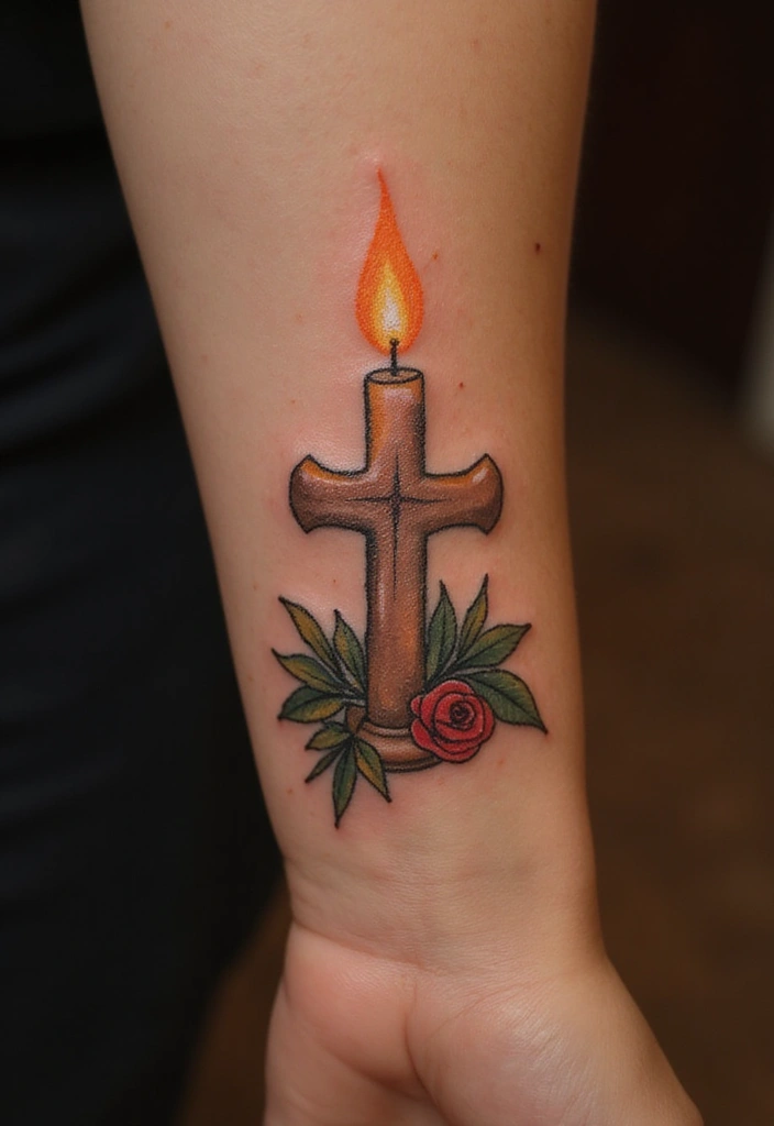 30 Hand Cross Tattoos That Blend Faith and Style - 27. Cross with a Candle