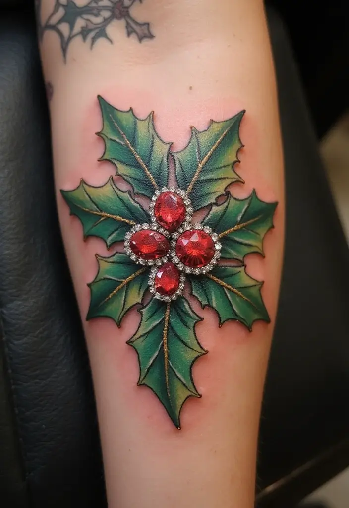 30 Holly Tattoo Meaning and Creative Design Ideas - 27. Holly and Gemstones Tattoo