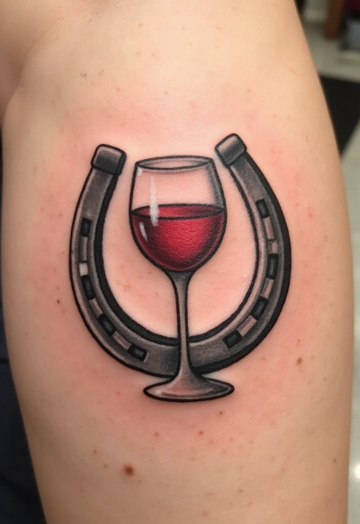 30 Horse and Horseshoe Tattoos for Luck and Freedom - 27. Horseshoe and Wine