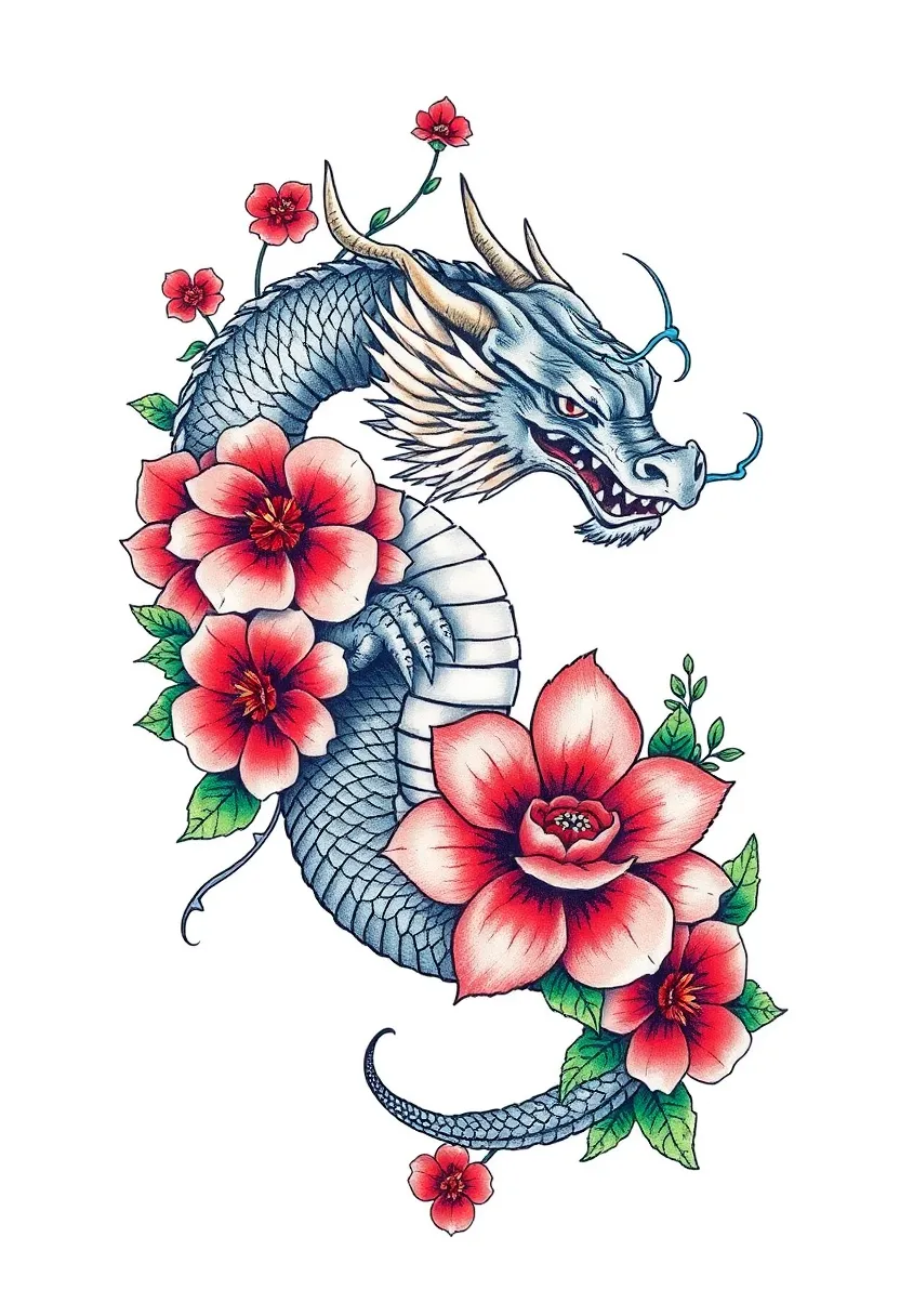 30 Japanese Dragon Tattoos That Showcase Power and Elegance - 27. The Dragon with Flowers: Beauty and Ferocity