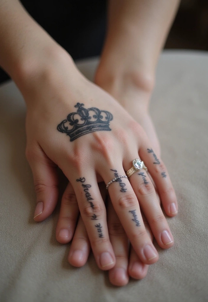 30 King and Queen Tattoos Finger Designs for Couples - 27. Crown with Scripted Names