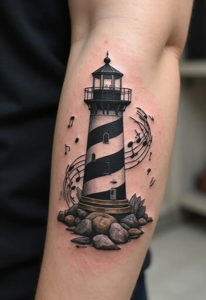 30 Lighthouse Forearm Tattoo Ideas That Guide the Way - 27. Lighthouse with Music Notes