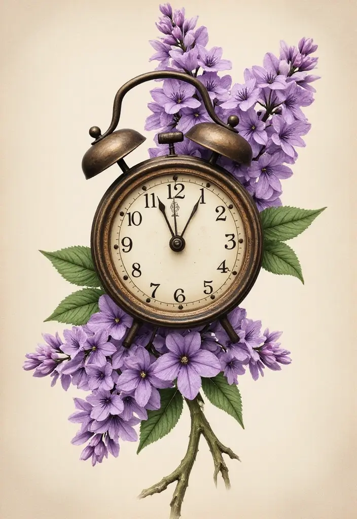 30 Lilac Flower Tattoo Designs with Gentle Symbolism - 27. Lilac and Clock