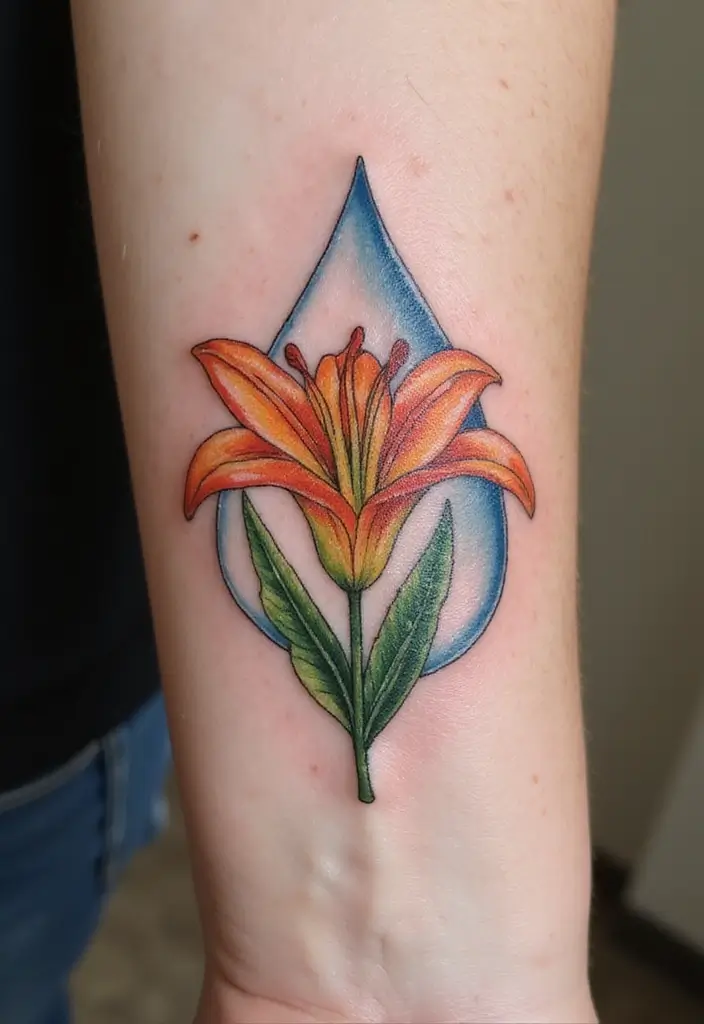 30 Lily Tattoos for Men That Balance Strength and Elegance - 27. Lily in a Water Droplet