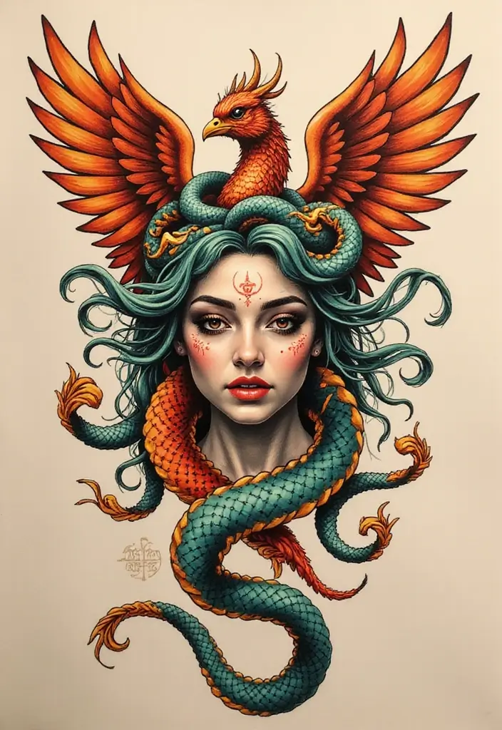 30 Medusa Tattoos for Females with Bold and Fierce Symbolism - 27. Medusa as a Phoenix