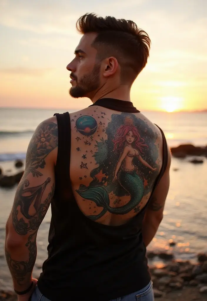 30 Creative Mermaid Tattoos for Men with Ocean Spirit - 27. Celestial Mermaid