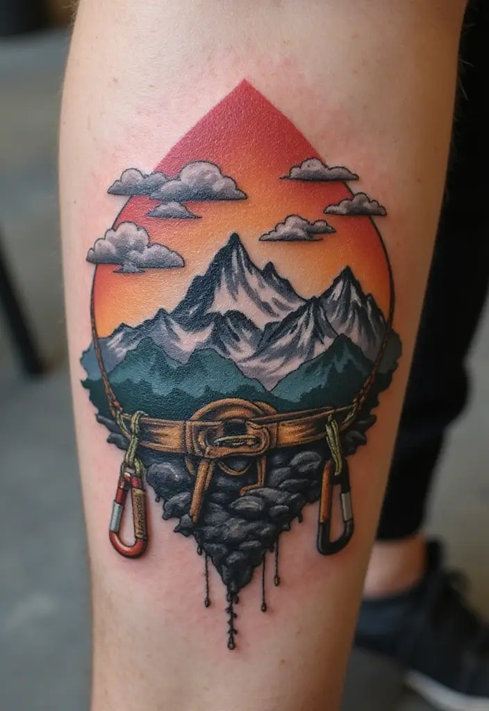 30 Mountain Tattoos for Men That Capture Adventure Spirit - 27. Mountain Tattoos with Climbing Gear