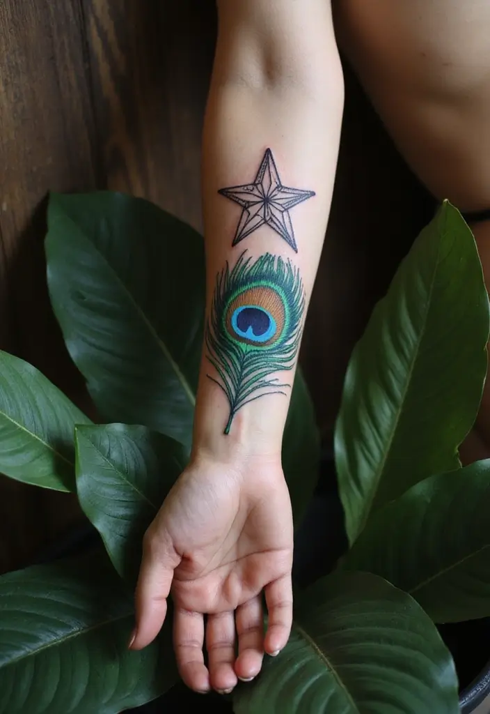 30 Nautical Star Tattoos for Classic Sailor Style - 27. Nautical Star with a Peacock Feather