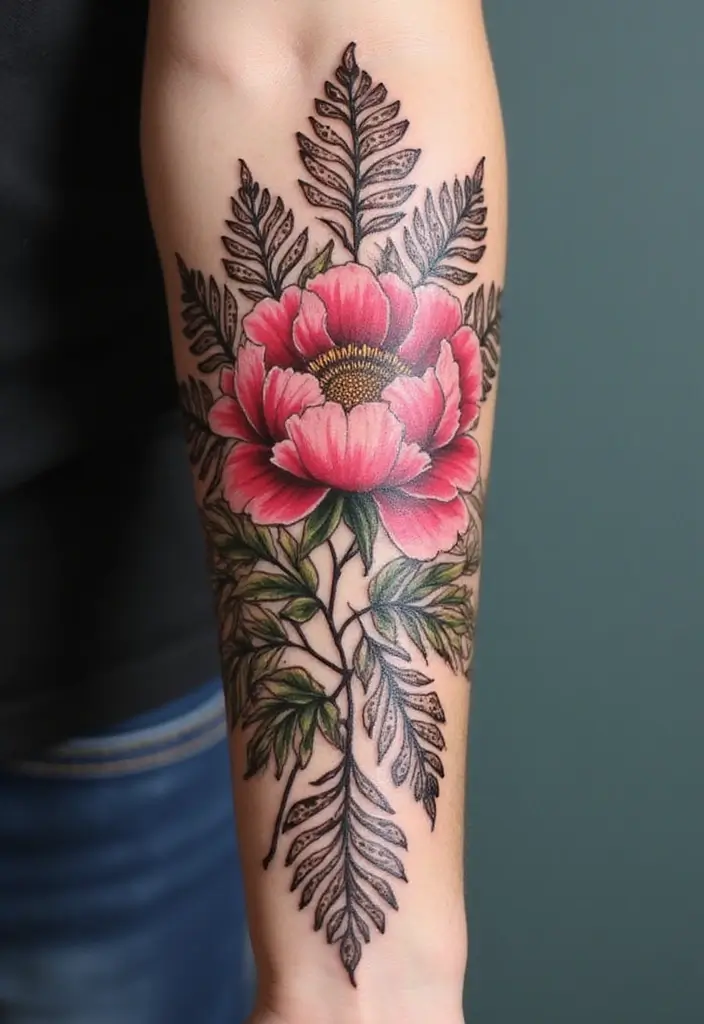 30 Peony Tattoo Ideas with Meaning and Elegance - 27. Peony and Henna Style