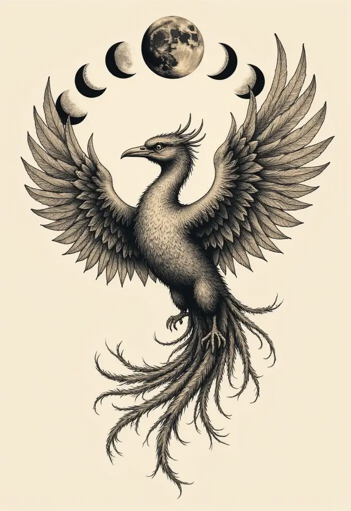 30 Phoenix Reborn Tattoo Designs with Deep Meanings - 27. Lunar Phoenix