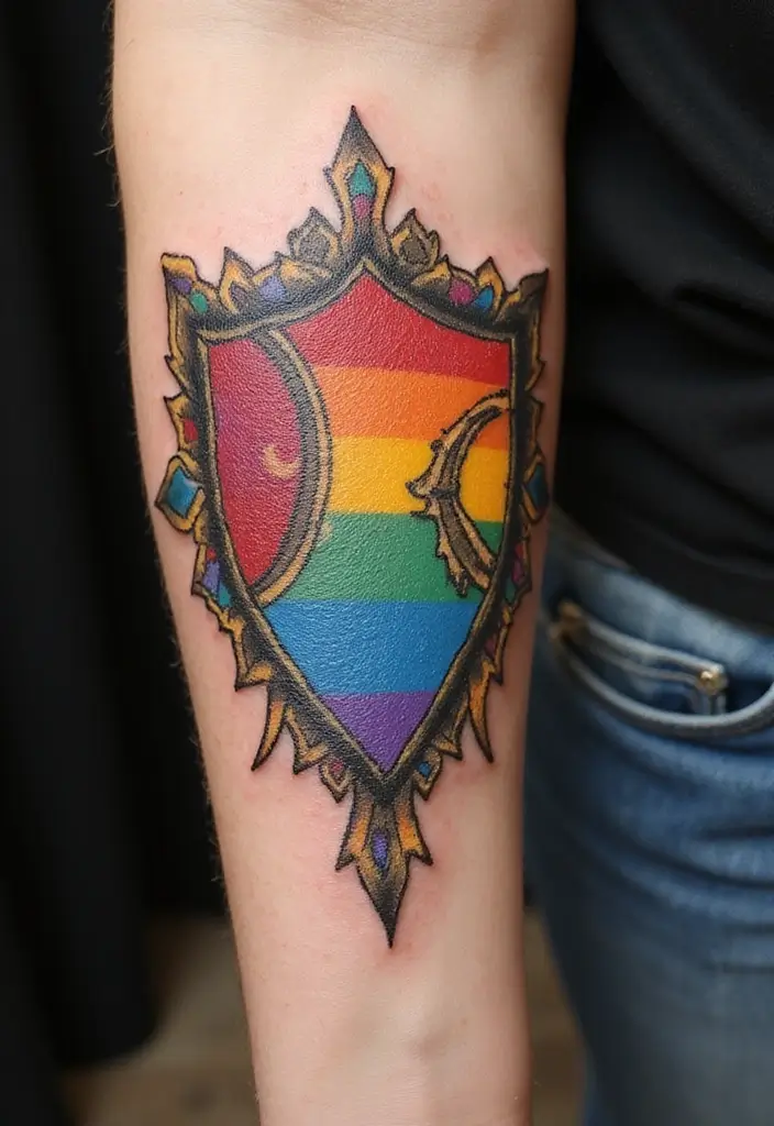 30 Rainbow Tattoo Ideas Full of Color and Meaning - 27. Rainbow Shield Tattoo