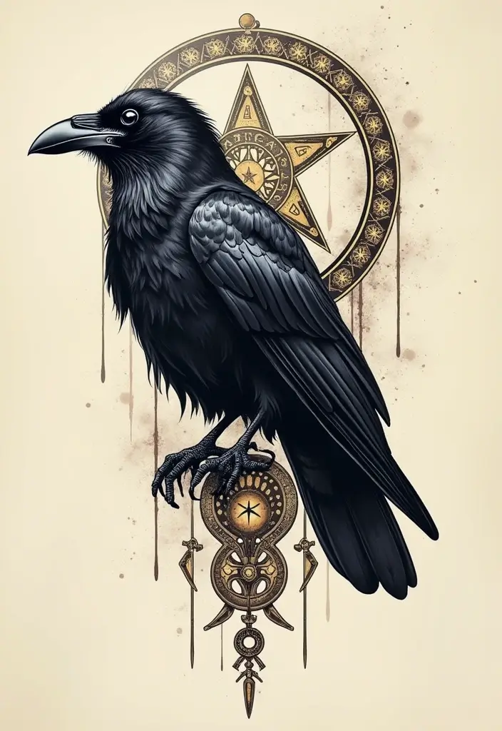 30 Raven Tattoo Shoulder Designs That Look Powerful - 27. Raven and Ancient Symbols