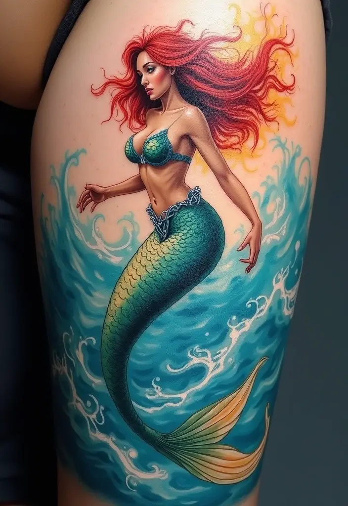 30 Realism Mermaid Tattoo Inspirations That Look Breathtaking - 27. The Dancing Mermaid