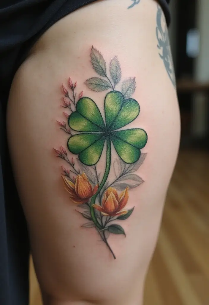 30 Realistic Four Leaf Clover Tattoo Inspirations for Luck - 27. Nature-Inspired Background