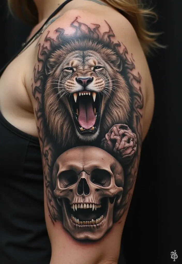 30 Roar Lion Tattoo Inspirations That Show Strength - 27. Lion and Skull: Fearlessness in Strength