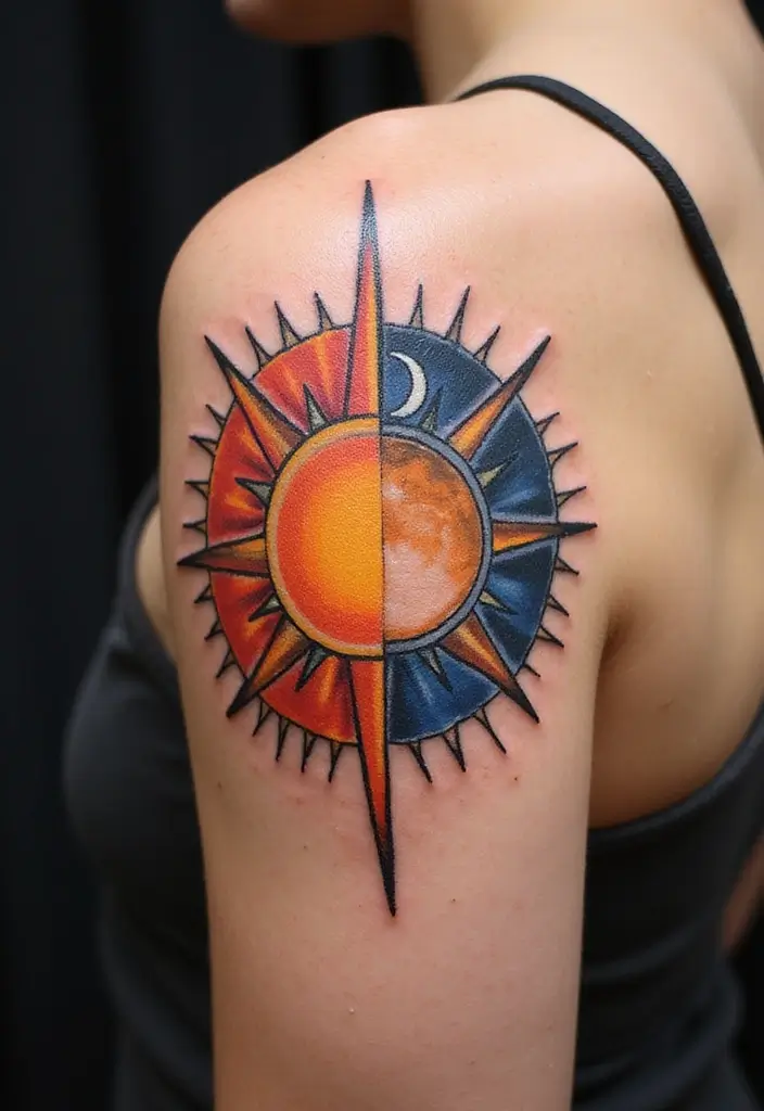 30 Shoulder and Back Tattoos for Guys with Masculine Energy - 27. The Sun and Moon