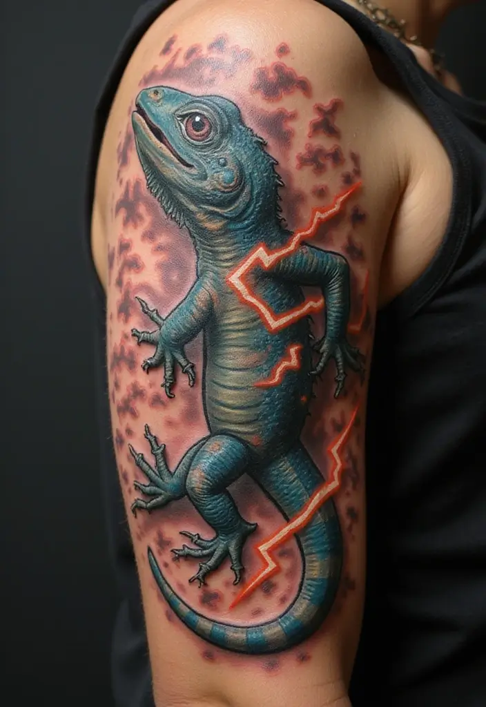 30 Small Lizard Tattoo Designs That Look Unique - 27. Lizard with Lightning
