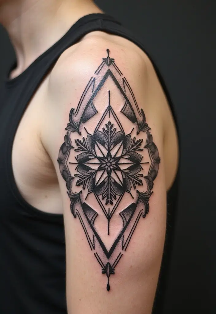 30 Snowflake Tattoo Ideas with Delicate and Unique Patterns - 27. Snowflake with Geometric Patterns