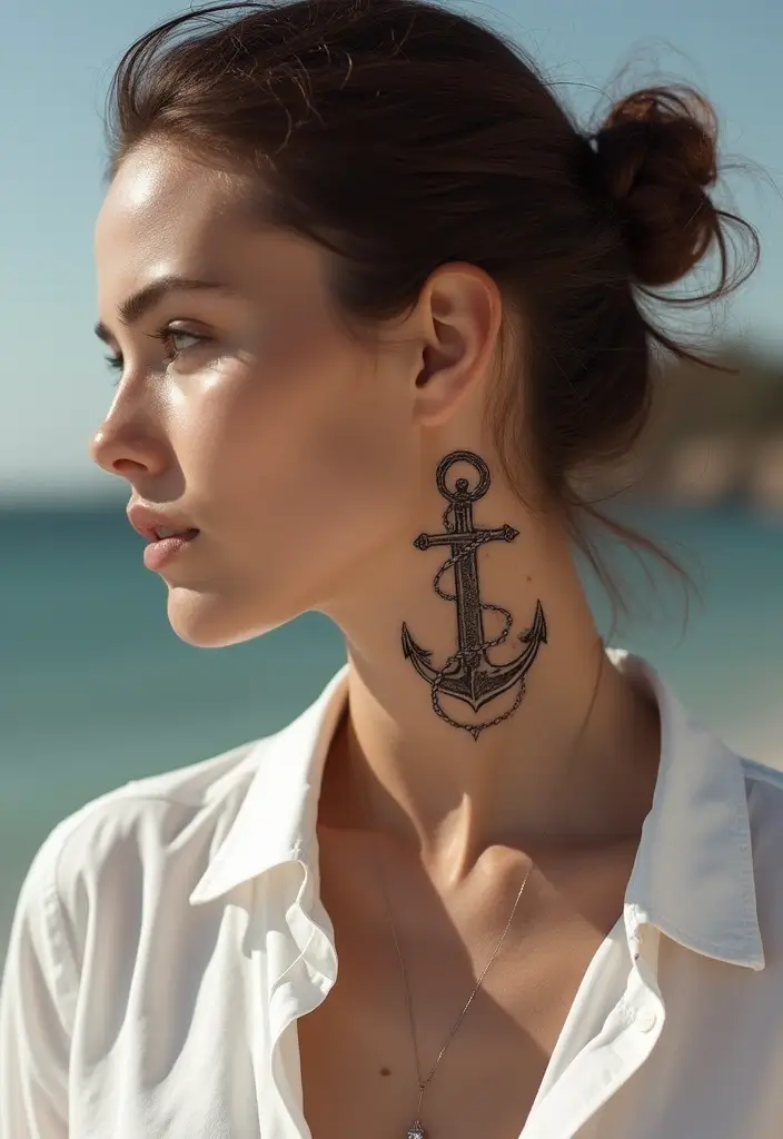 30 Spiritual Neck Tattoos with Deep Symbolism - 27. The Anchor