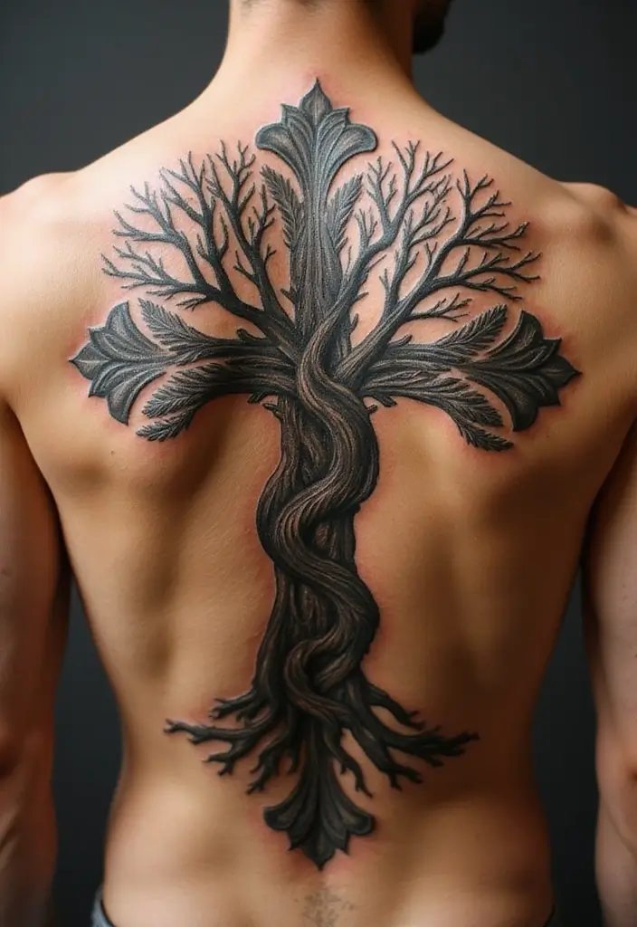 30 Tattoo Cross 3D Designs That Look Realistic - 27. Cross with a Tree of Life