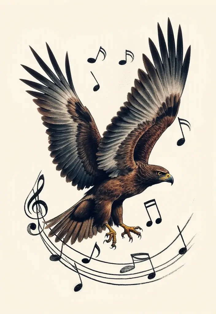 30 Hawk Tattoo Designs That Represent Vision and Strength - 27. Hawk and Music Notes