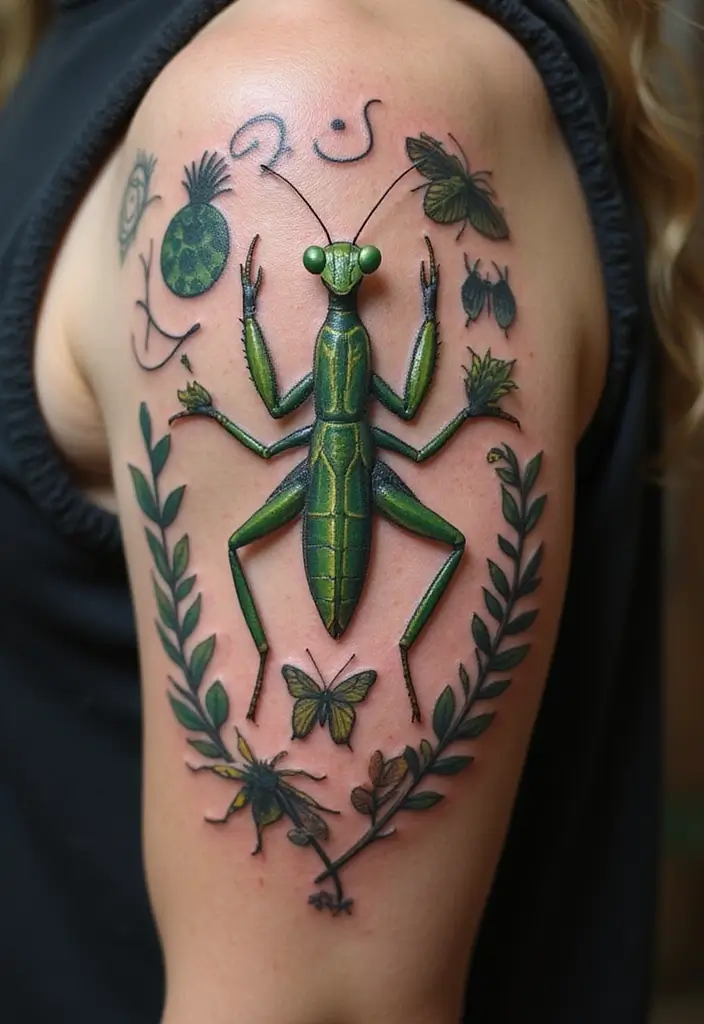 30 Traditional Praying Mantis Tattoo Ideas You’ll Love - 27. Mantis with Nature Symbols