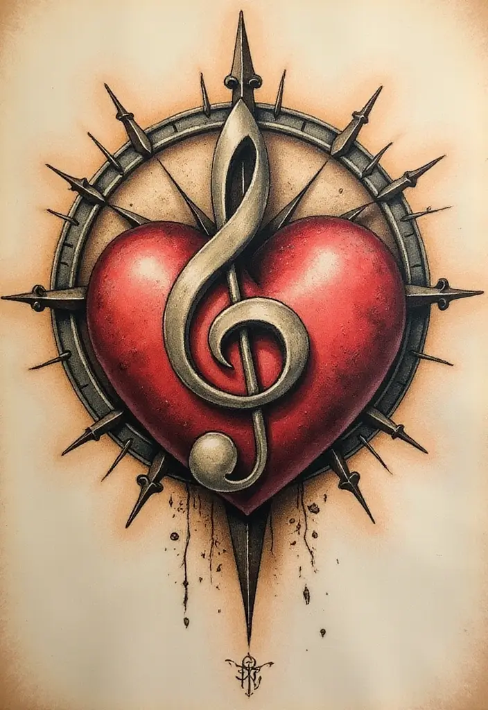 30 Treble Clef and Bass Clef Heart Tattoo Ideas for Music Lovers - 28. Clef Heart with a Compass