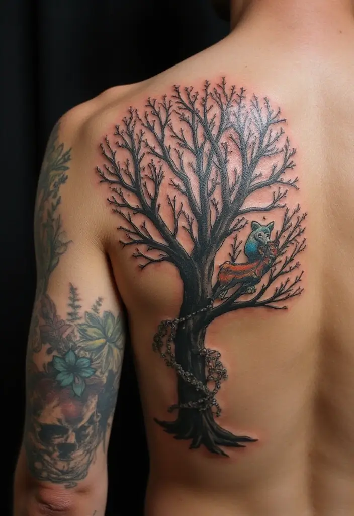 30 Tree on Shoulder Tattoo Ideas That Look Stunning - 27. Tree with Animal Spirit